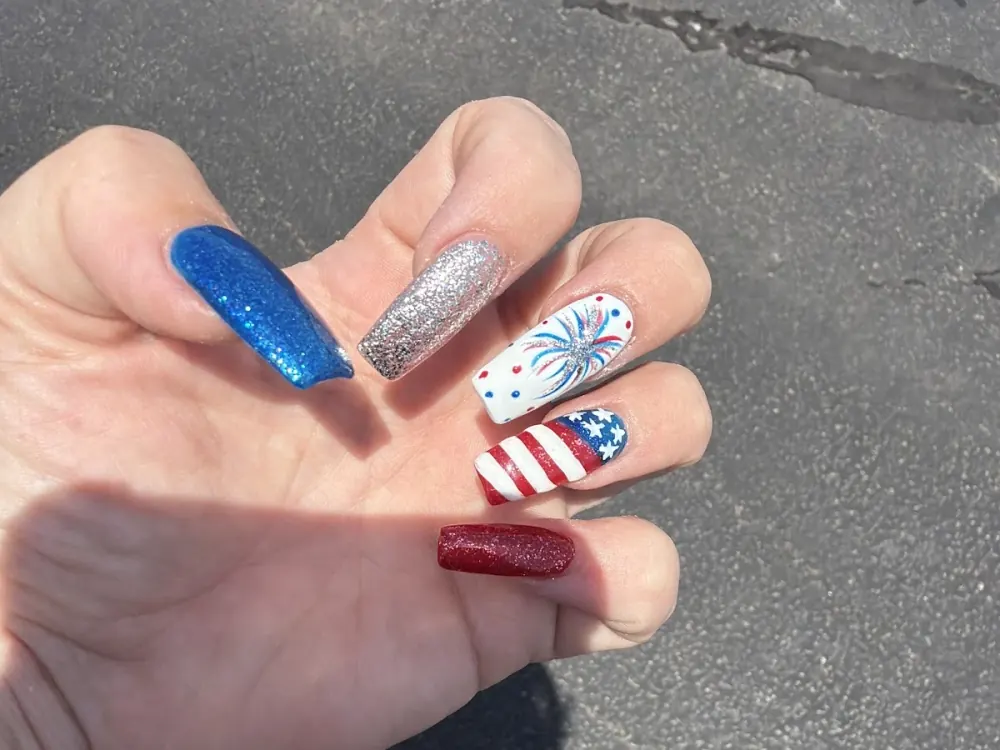 Red, white and blue set with a hand-painted flag, fireworks and glitter