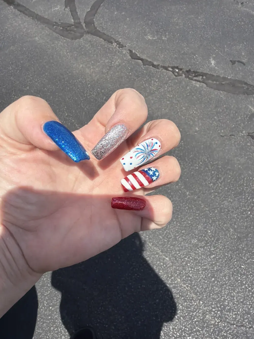 Red, white and blue set with a hand-painted American flag and fireworks